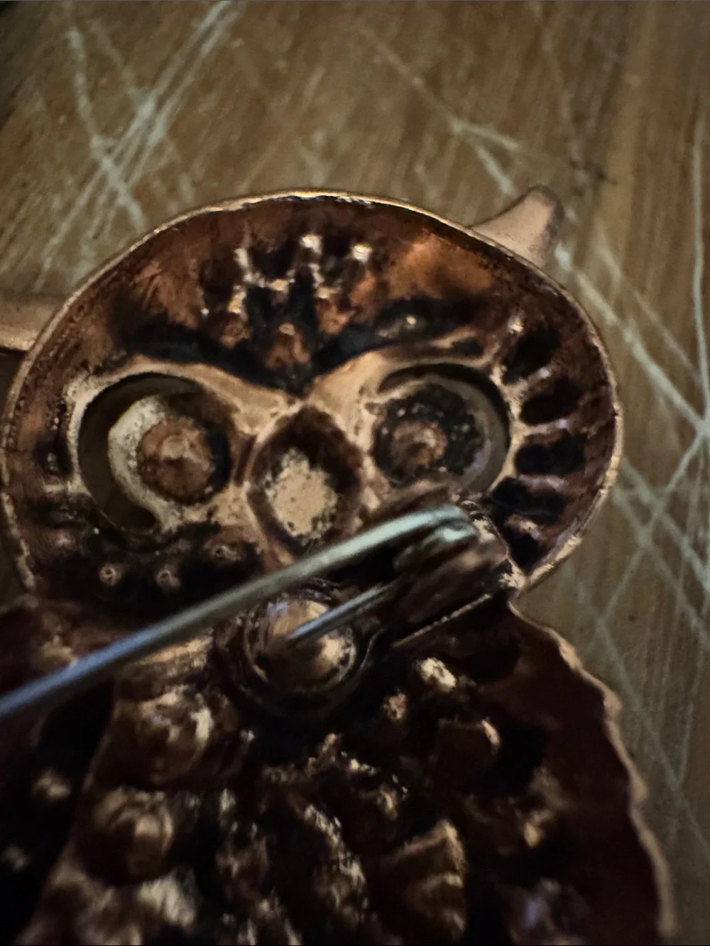 Source Unknown Blue Crystal Owl Brooch with Copper Tone